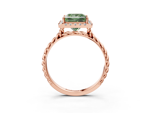 Rose gold Fancy Green Princess  Halo Twisted Band Four-Prong Diamond Ring