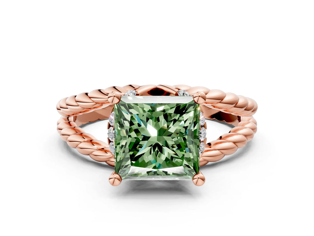 Rose gold Fancy Green Princess  Halo Twisted Band Four-Prong Ring_32