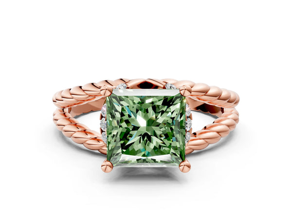 Rose gold Fancy Green Princess  Halo Twisted Band Four-Prong Ring