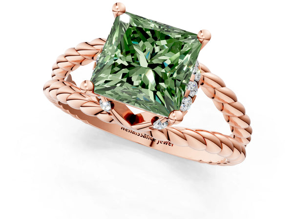 Rose gold Fancy Green Princess  Halo Twisted Band Four-Prong Ring