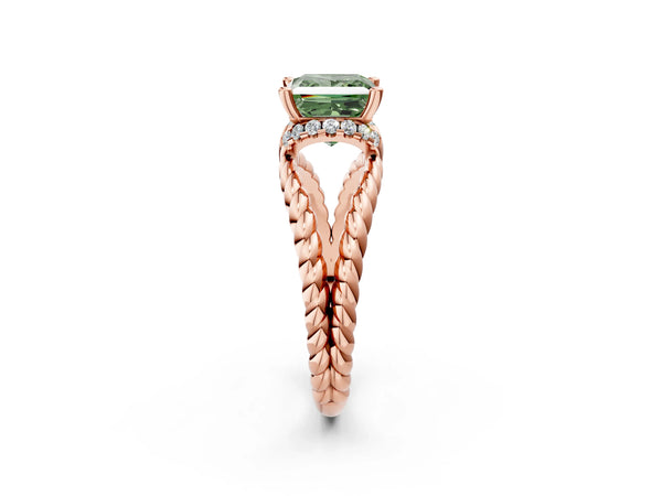 Rose gold Fancy Green Princess  Halo Twisted Band Four-Prong Ring