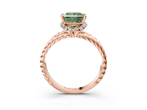 Rose gold Fancy Green Princess  Halo Twisted Band Four-Prong Ring