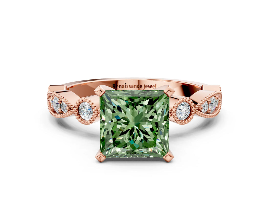 Rose gold Fancy Green Princess  Milgrain Bezel Diamond Engagement Ring with Solitaire Prong Setting_34