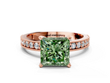 Rose gold Fancy Green Princess  Milgrain Pave Diamond Engagement Ring with Four-Prong Setting