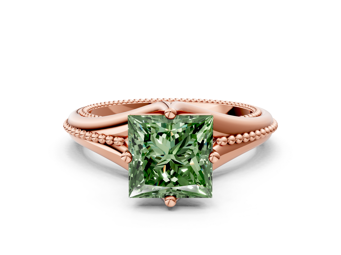 Rose gold Fancy Green Princess  Solitaire Beaded Band Six-Prong Setting
