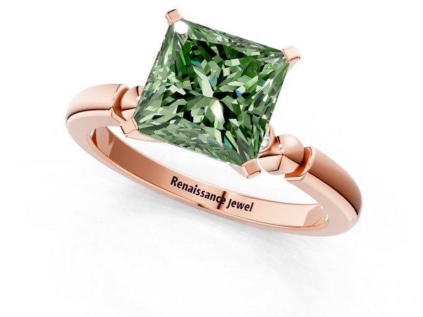 Rose gold Fancy Green Princess  Solitaire Beaded Band with Four-Prong Setting