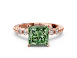 Rose gold Fancy Green Princess  Solitaire Bezel Accent Diamond Engagement Ring with Beaded Band and Four-Prong Setting