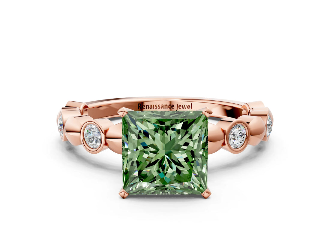 Rose gold Fancy Green Princess  Solitaire Bezel-Set Diamond Ring with Beaded Band and Four-Prong Setting_50