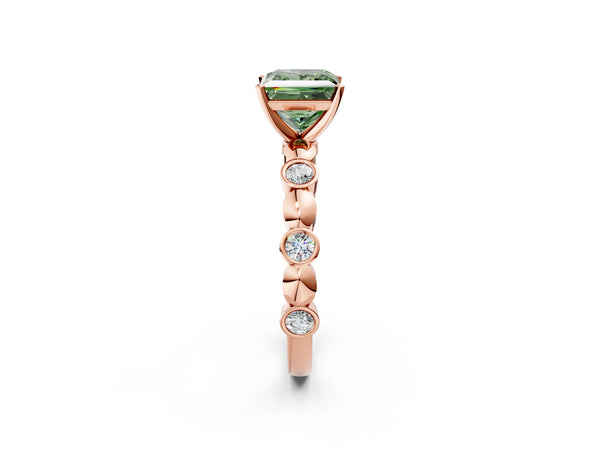 Rose Gold Princess Cut Engagement Ring Setting for Fancy Green Center with Bezel Station Beaded Band