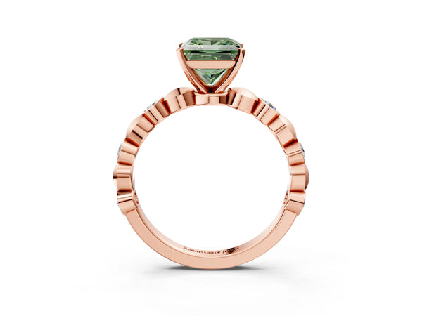 Rose Gold Princess Cut Engagement Ring Setting for Fancy Green Center with Bezel Station Beaded Band