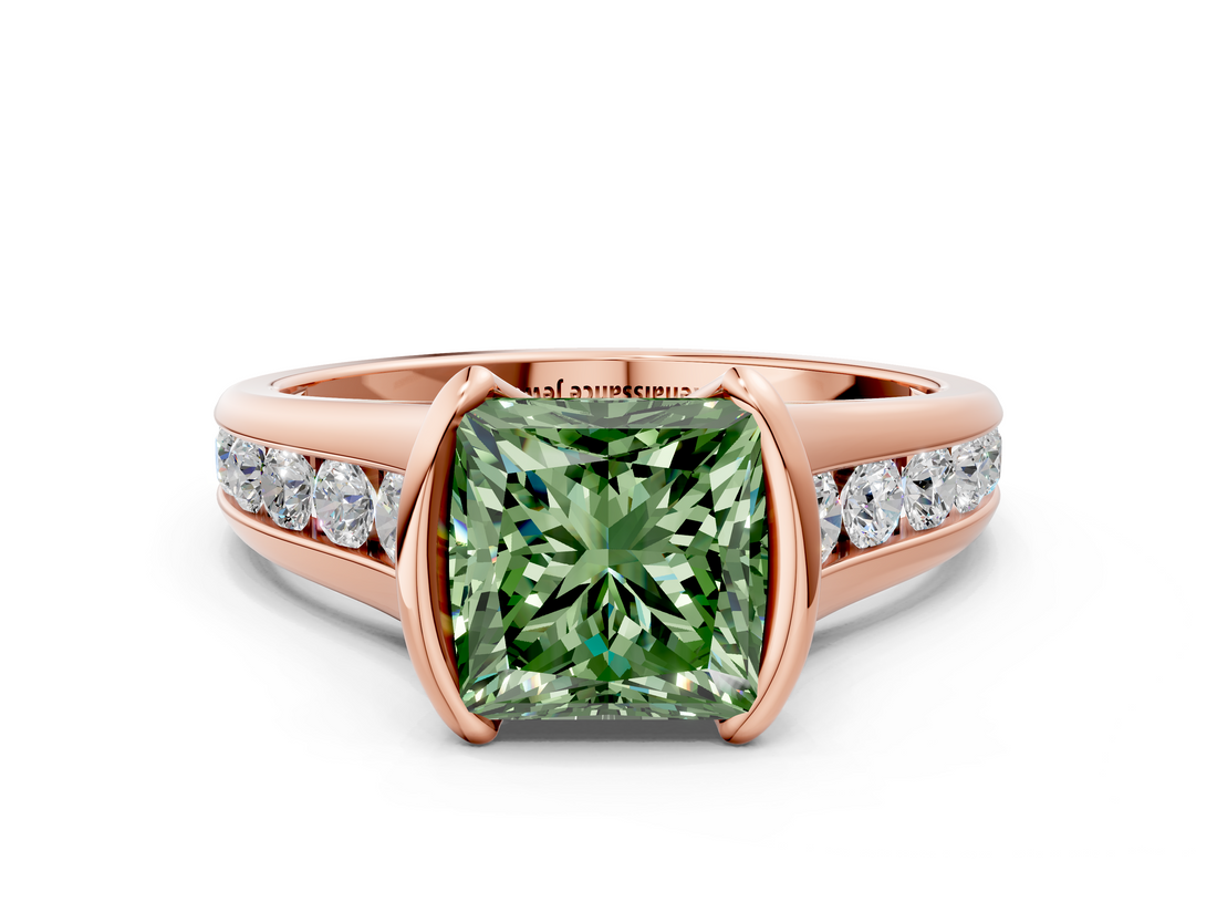 Rose gold Fancy Green Princess  Solitaire Bezel-Set Diamond Ring with Channel-Set Band