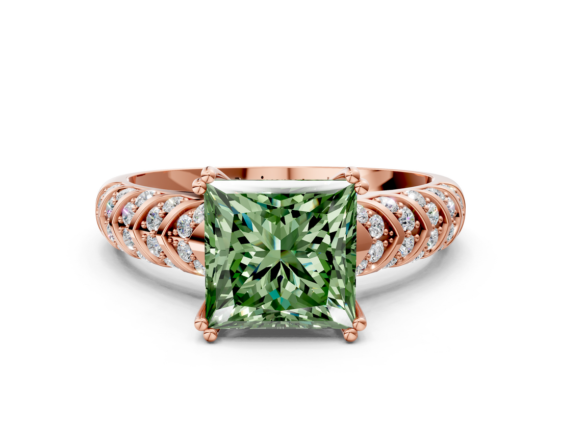 Rose gold Fancy Green Princess  Solitaire Chevron Pave Diamond Engagement Ring with Six-Prong Setting