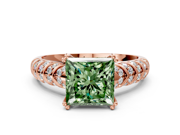 Rose Gold Princess Cut Chevron Pave Solitaire Engagement Ring Setting for Fancy Green Center
