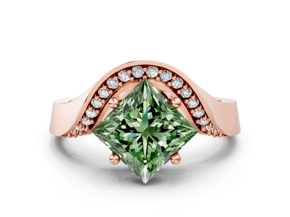 Rose gold Fancy Green Princess  Solitaire Diamond Engagement Ring with Pave Band and Four-Prong Setting 2