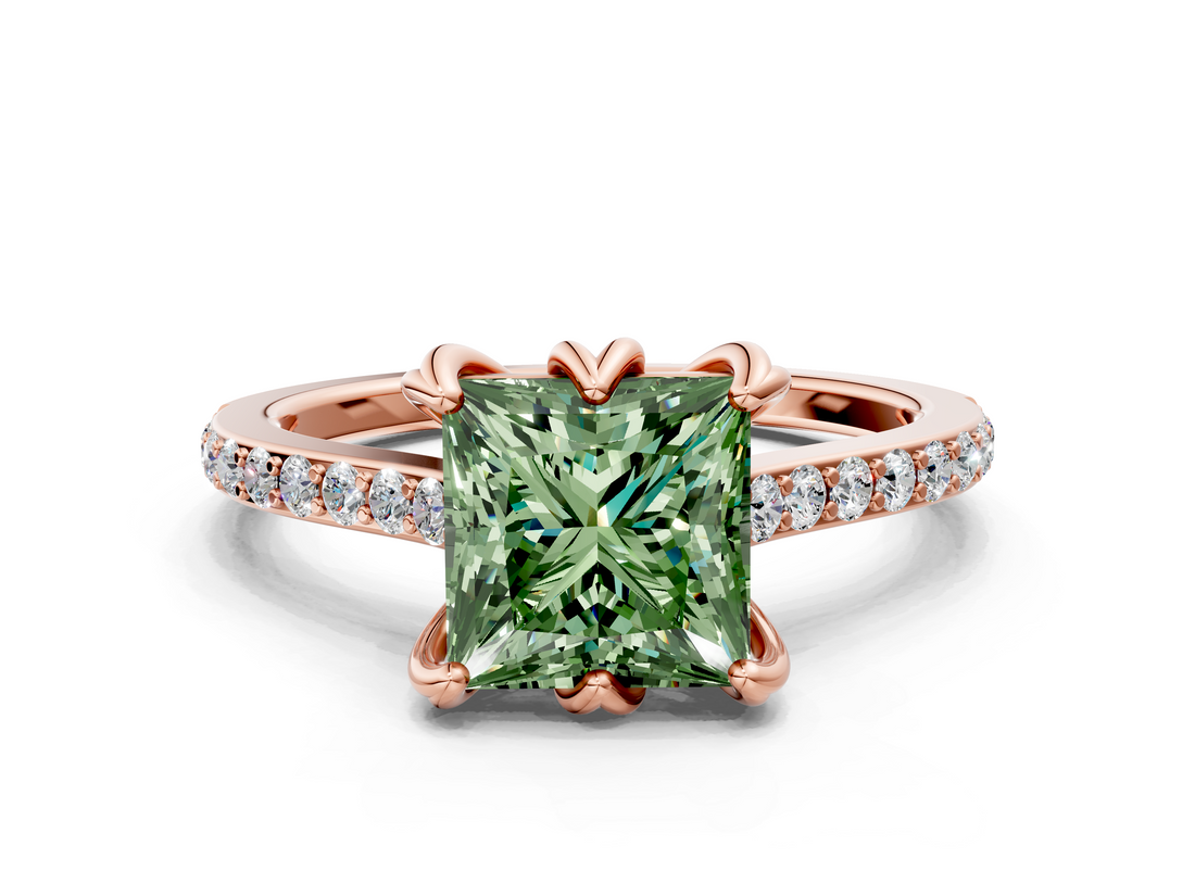 Rose gold Fancy Green Princess  Solitaire Diamond Engagement Ring with Pave Band and Six-Prong Setting