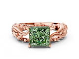 Rose gold Fancy Green Princess  Solitaire Diamond Leaf Vine Band with Prong Setting