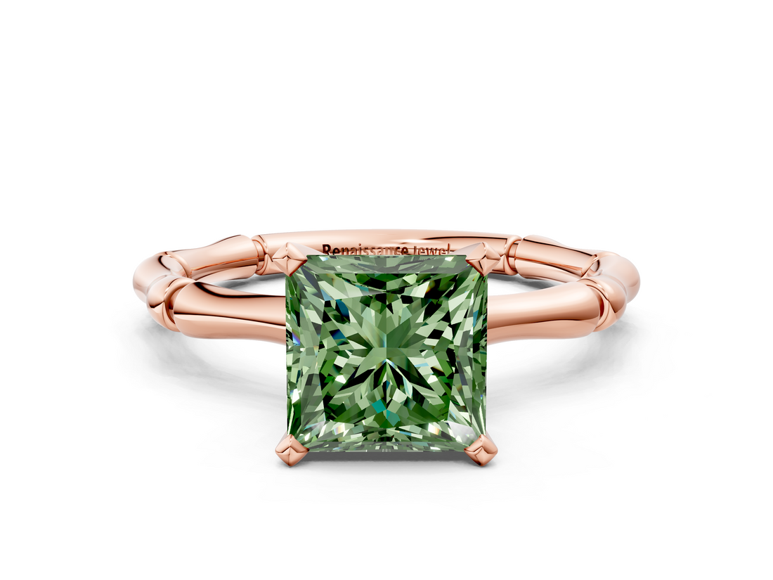Rose gold Fancy Green Princess  Solitaire Diamond Ring with Bamboo Band and Four-Prong Setting