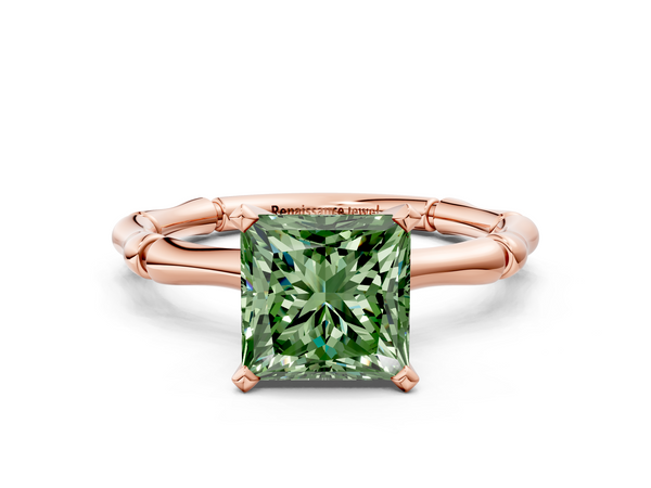 Rose gold Fancy Green Princess  Solitaire Diamond Ring with Bamboo Band and Four-Prong Setting