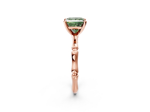 Rose gold Fancy Green Princess  Solitaire Diamond Ring with Bamboo Band and Four-Prong Setting