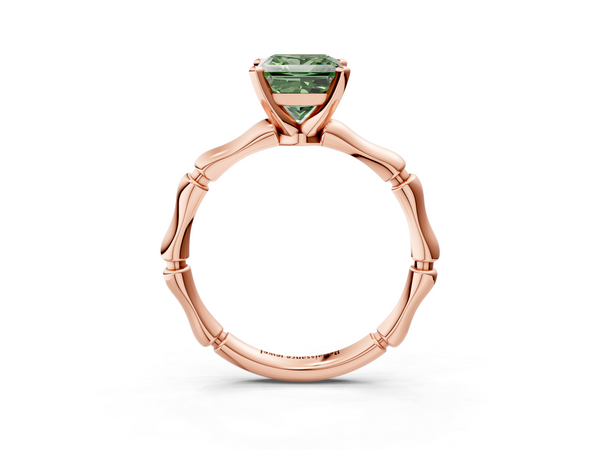 Rose gold Fancy Green Princess  Solitaire Diamond Ring with Bamboo Band and Four-Prong Setting