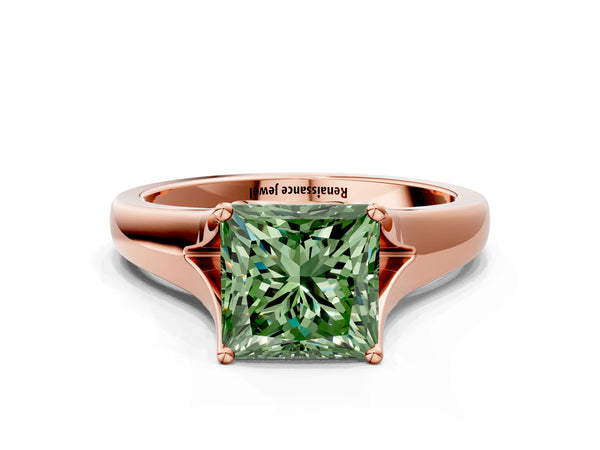 Rose gold Fancy Green Princess  Solitaire Diamond Ring with Cathedral Band and Four-Prong Setting