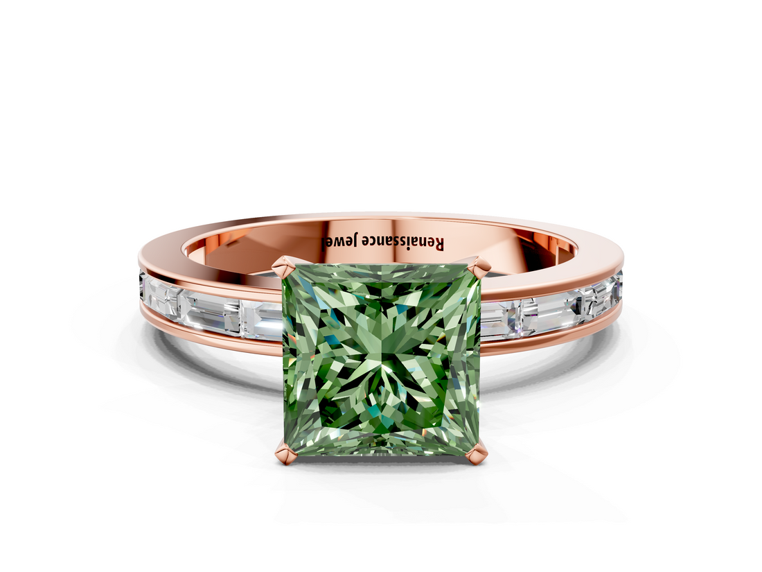 Rose gold Fancy Green Princess  Solitaire Diamond Ring with Channel-Set Baguette Band and Four-Prong Setting