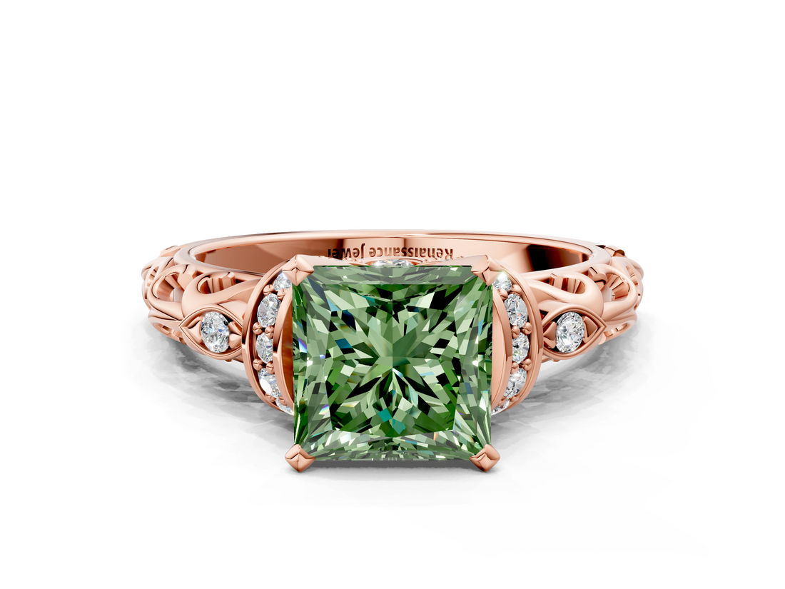 Rose gold Fancy Green Princess  Solitaire Diamond Ring with Filigree Band and Four-Prong Setting