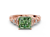 Rose gold Fancy Green Princess  Solitaire Diamond Ring with Filigree Band and Four-Prong Setting