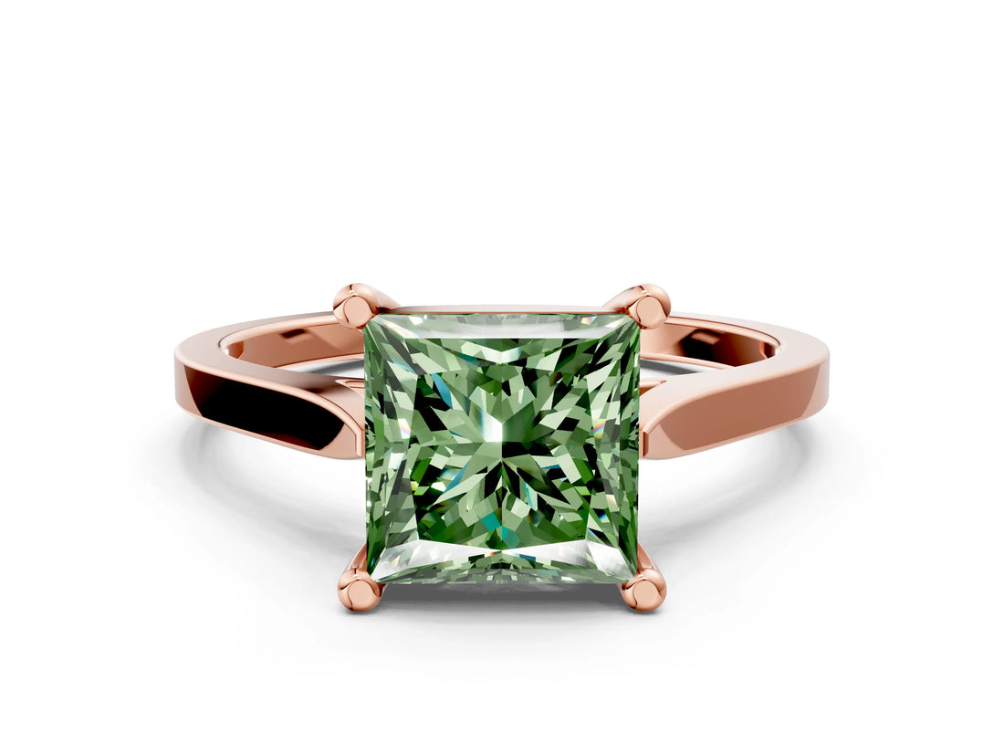 Rose gold Fancy Green Princess  Solitaire Diamond Ring with Four-Prong Setting and Tapered Band 1