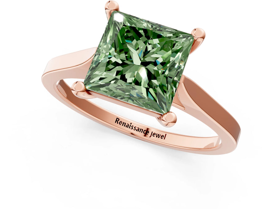 Rose gold Fancy Green Princess  Solitaire Diamond Ring with Four-Prong Setting and Tapered Band