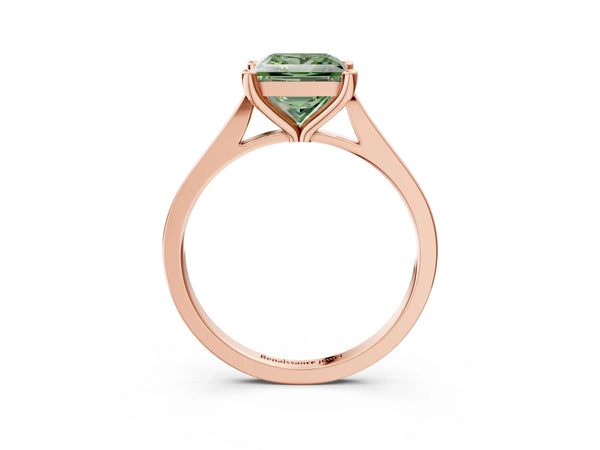 Rose gold Fancy Green Princess  Solitaire Diamond Ring with Four-Prong Setting and Tapered Band