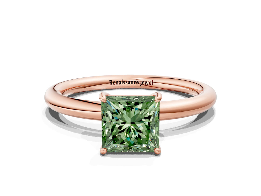 Rose gold Fancy Green Princess  Solitaire Diamond Ring with Four-Prong Setting on a Plain Band_20