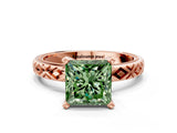 Rose gold Fancy Green Princess  Solitaire Diamond Ring with Milgrain and Black Enamel X Pattern Band_29