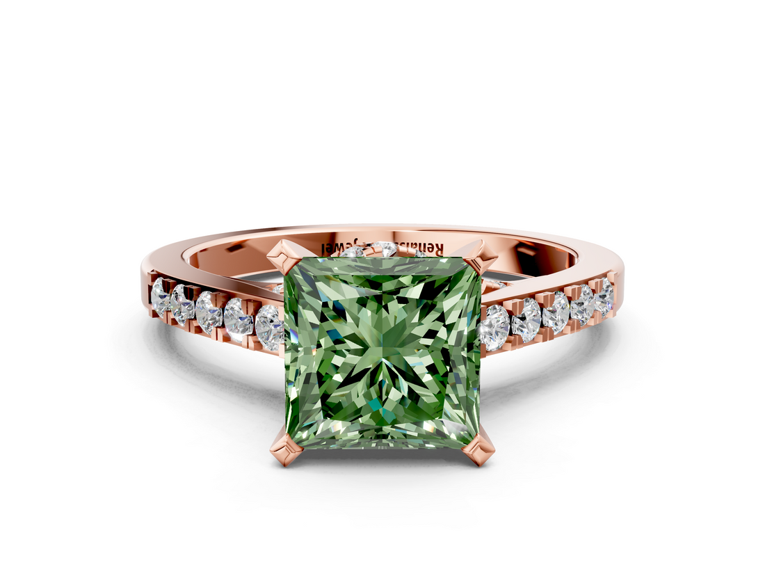 Rose gold Fancy Green Princess  Solitaire Diamond Ring with Pavé Band and Four-Prong Setting