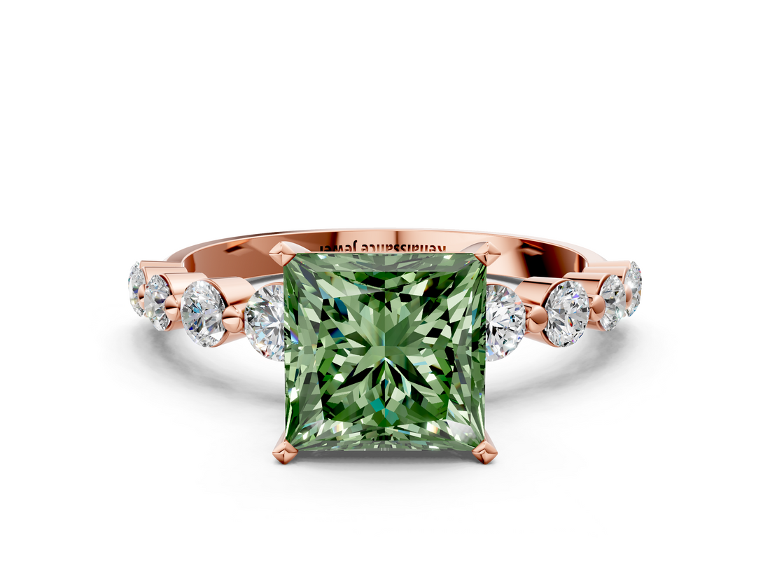 Rose gold Fancy Green Princess  Solitaire Diamond Ring with Pave Band and Four-Prong Setting