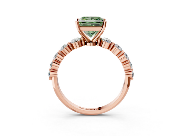 Rose gold Fancy Green Princess Cut Solitaire Diamond Ring with Pave Band and Four-Prong Setting