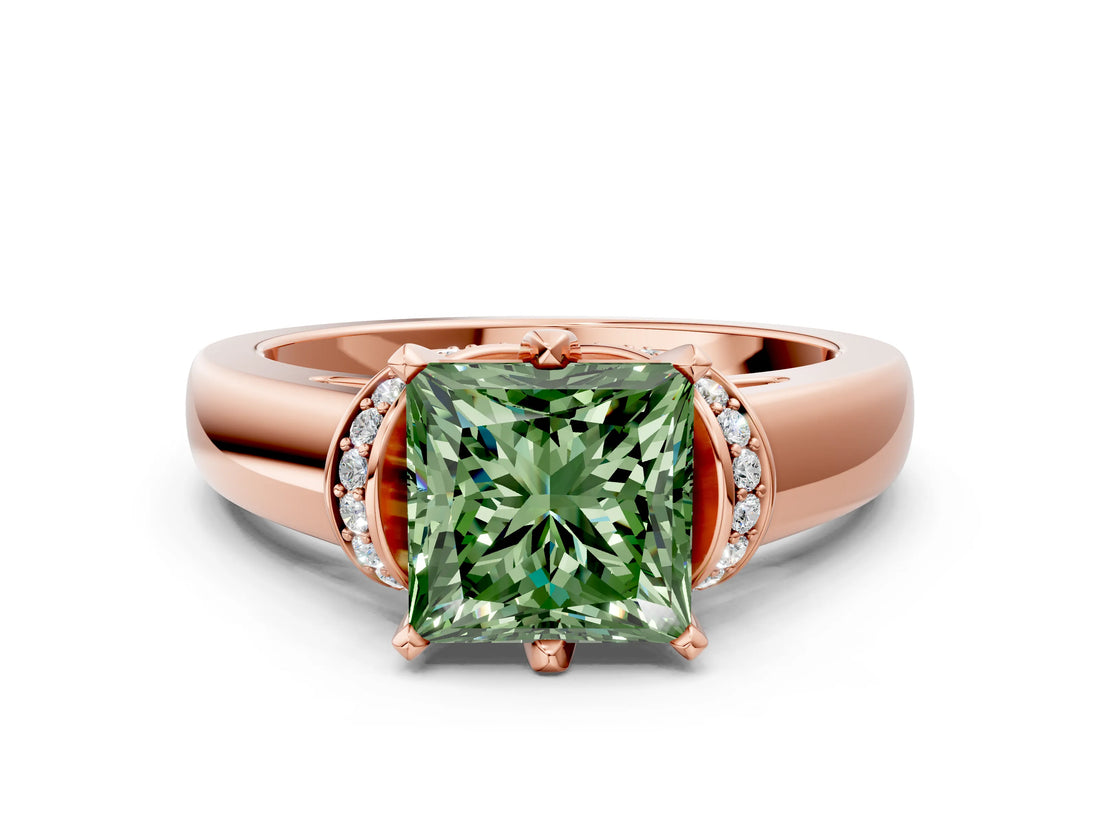 Rose gold Fancy Green Princess  Solitaire Diamond Ring with Pave Band and Six-Prong Setting_65