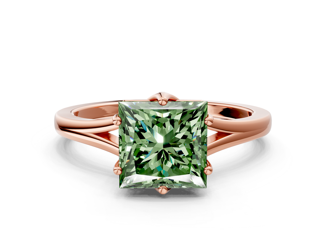 Rose gold Fancy Green Princess  Solitaire Diamond Ring with Six-Prong Setting and Tapered Band