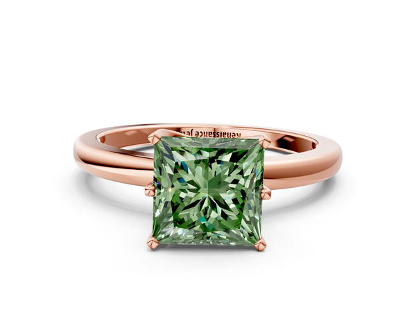 Rose gold Fancy Green Princess  Solitaire Diamond Ring with Six-Prong Setting on a Classic Band