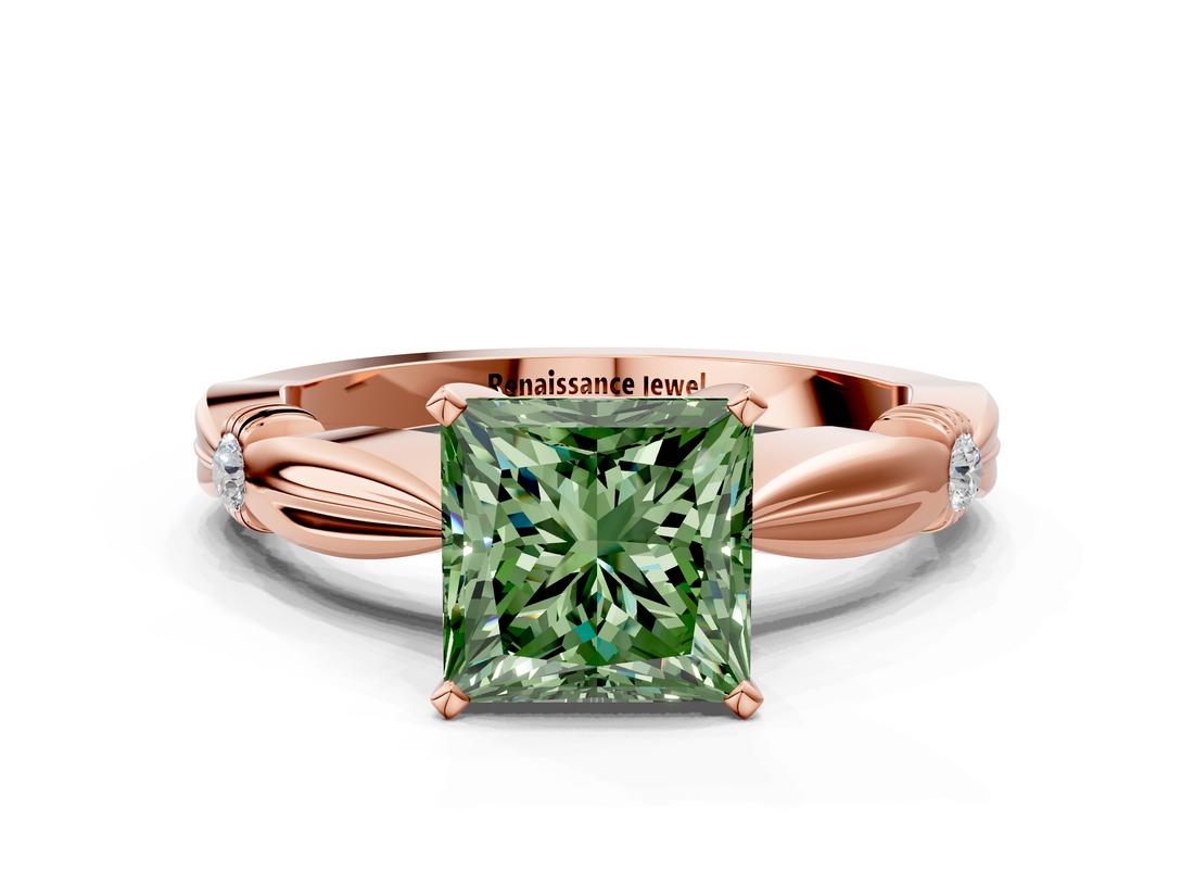 Rose gold Fancy Green Princess  Solitaire Diamond Twisted Band with Four-Prong Setting