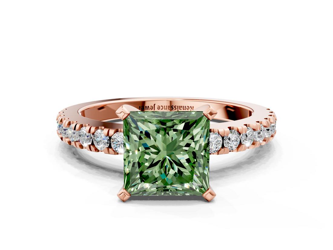 Rose gold Fancy Green Princess  Solitaire Diamond with Pavé Band and Four-Prong Setting