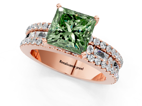 Rose gold Fancy Green Princess Cut Diamond Solitaire Ring with Pavé and Channel Set Band
