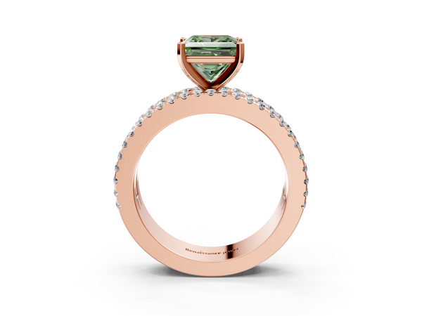 Rose gold Fancy Green Princess Cut Diamond Solitaire Ring with Pavé and Channel Set Band