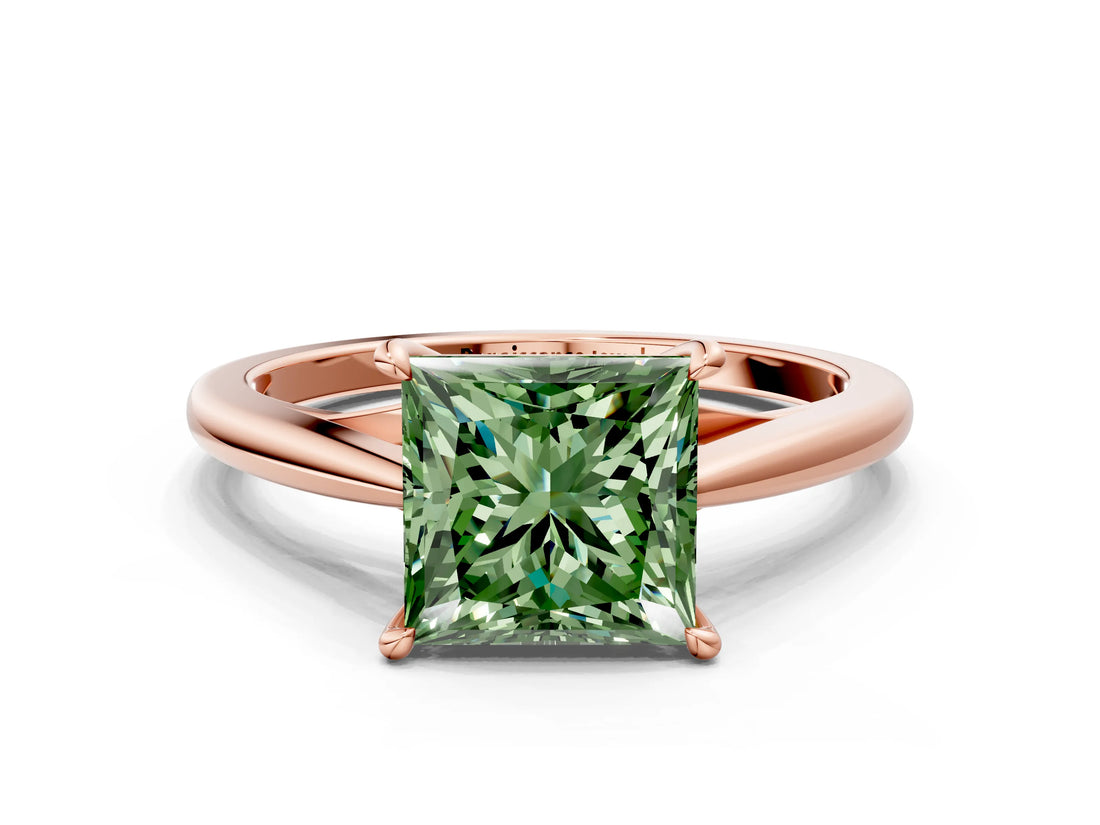 Rose gold Fancy Green Princess  Solitaire Engagement Ring with Four-Prong Setting and Classic Band