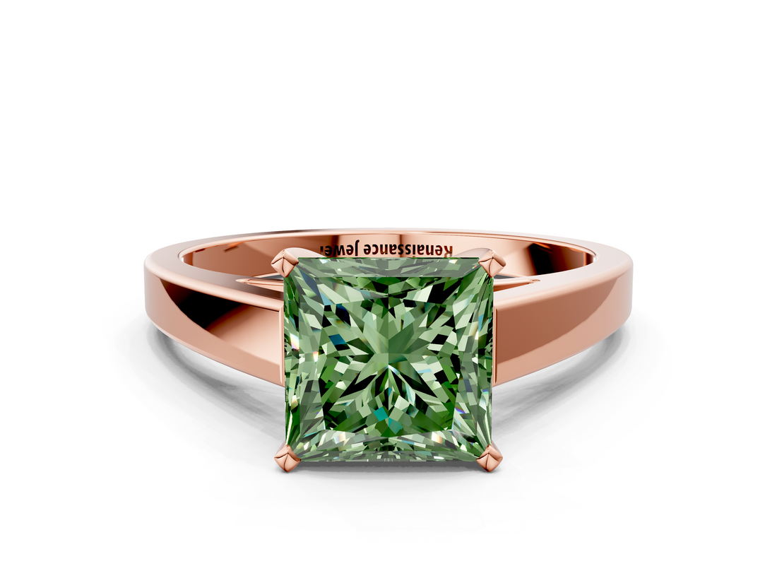 Rose gold Fancy Green Princess  Solitaire Engagement Ring with Four-Prong Setting and Tapered Band_3