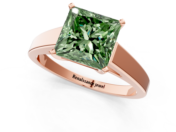 Rose gold Fancy Green Princess  Solitaire Engagement Ring with Four-Prong Setting and Tapered Band