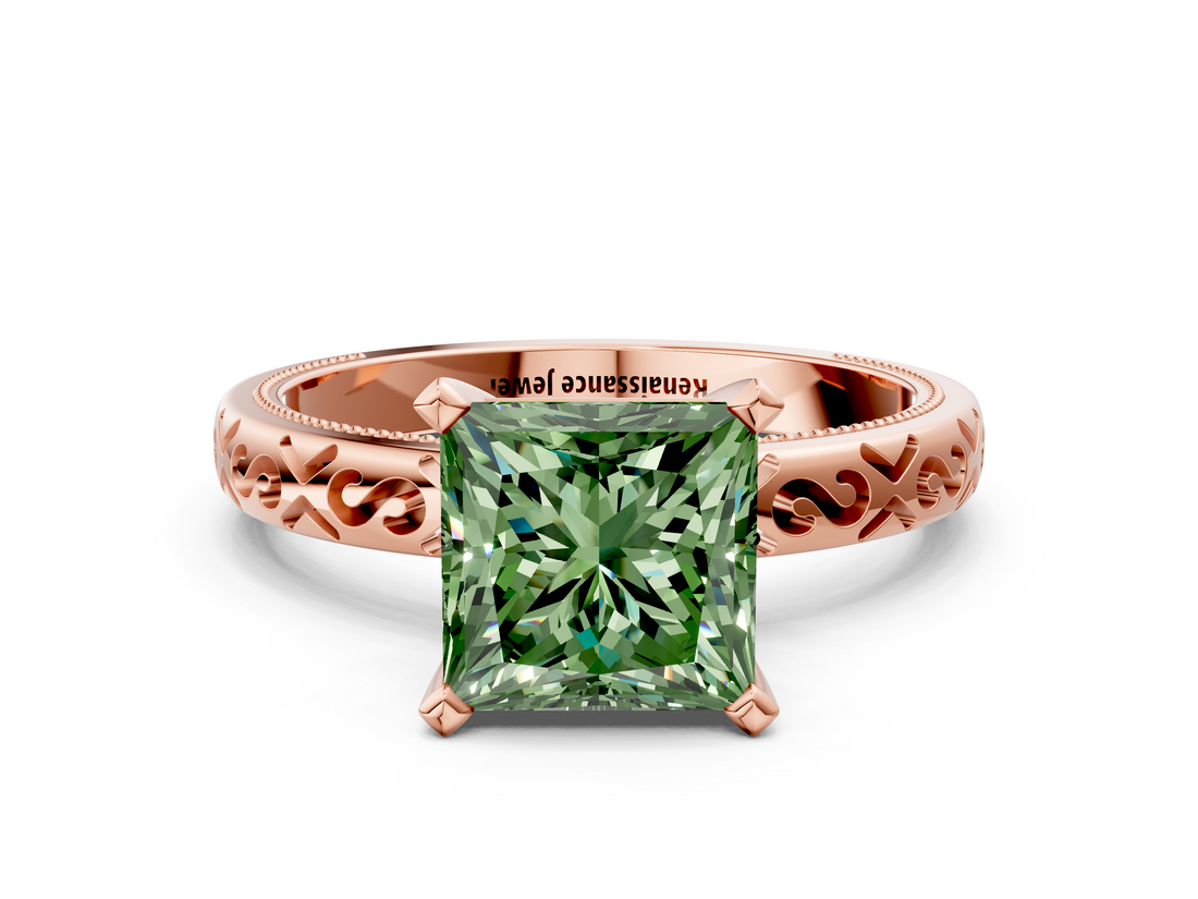 Rose gold Fancy Green Princess  Solitaire Engagement Ring with Scrollwork Band and Four-Prong Setting