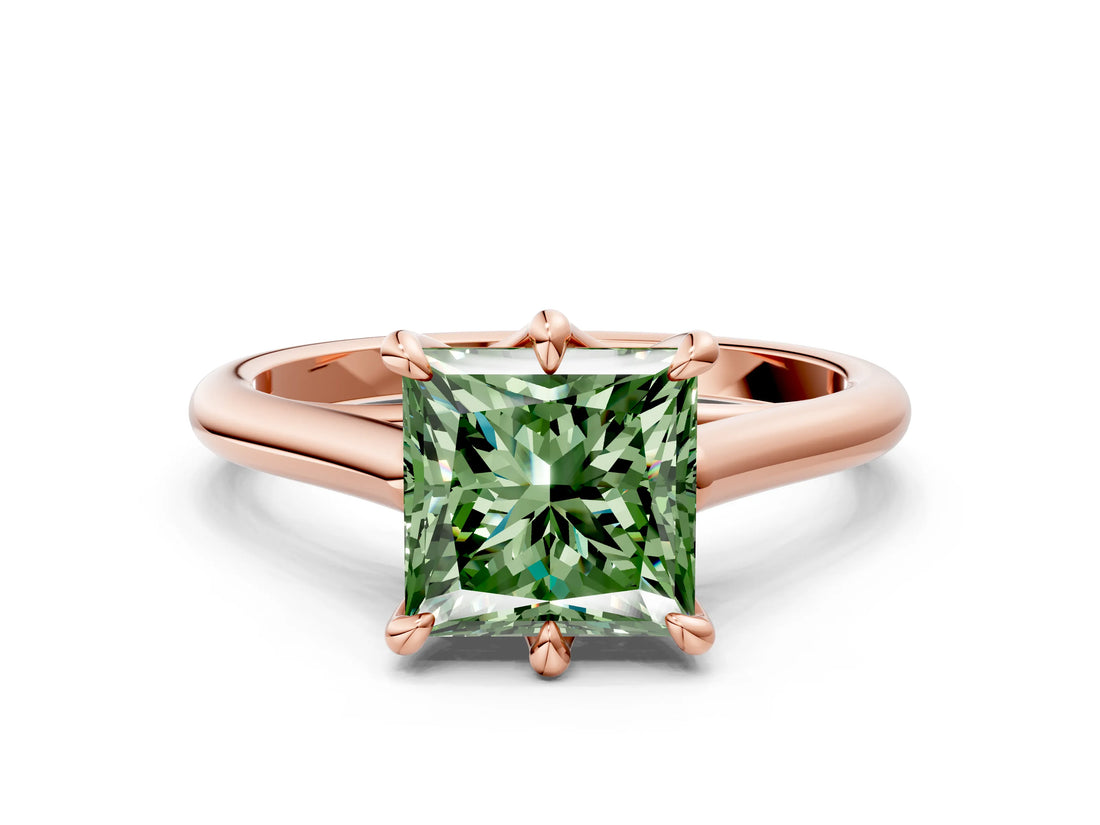 Rose gold Fancy Green Princess  Solitaire Engagement Ring with Six-Prong Setting and Classic Band