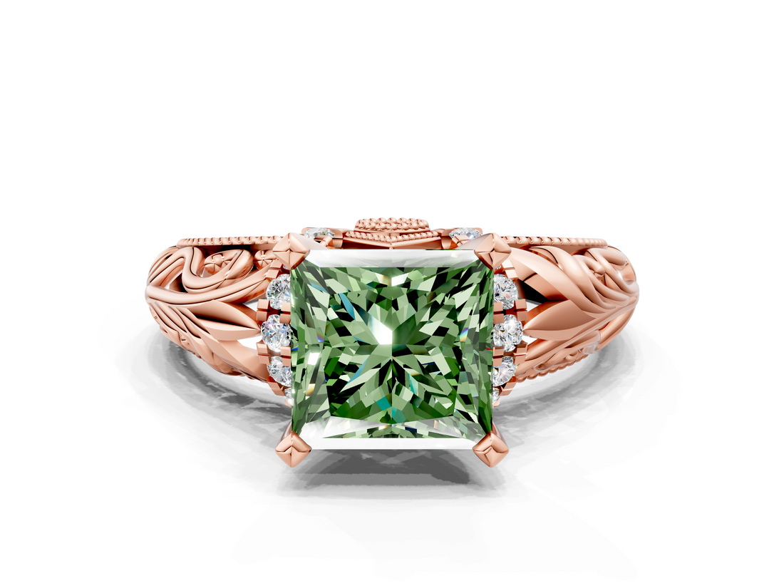 Rose gold Fancy Green Princess  Solitaire Filigree Engagement Ring with Halo and Prong Setting