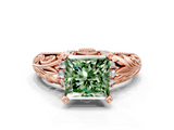 Rose gold Fancy Green Princess  Solitaire Filigree Engagement Ring with Halo and Prong Setting